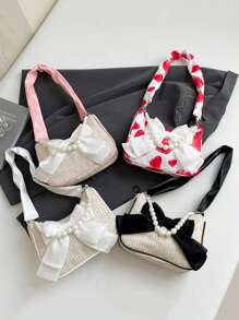 A Brand New Mini Bow Pearl Handbag, Fashionable And Avant-Garde, Made Of Exquisite And Simple Pu+Woven Material, Suitable For School, Shopping, Travel, And Spring Outings. It Is The Best Choice For Girl To Use In Spring And Is The Best Gift For Friends And Classmates - Bow Pearl Handbag - View 2