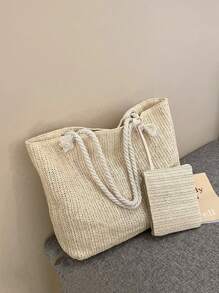 全新大容量草编手提包 配小钱包 - 米色 - 查看 3