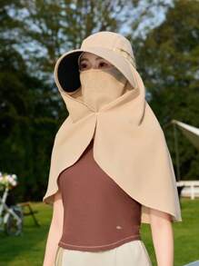 1pc Solid Color Large Brim Hat With Detachable Face Mask, Shoulder Cape For Sun Protection Polyester, Spring Season