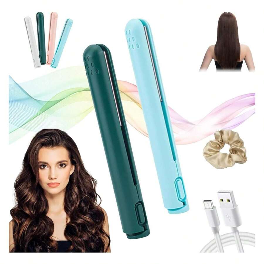 Cozy Home Curling Iron, Mini Dual-Purpose Curling Iron, Multi-Functional Travel Curling Iron Cordless, USB Ceramic Mini Hair Curler, Upgrade 2-In-1 Portable Curling Wand And Flat Iron 2pcs-D