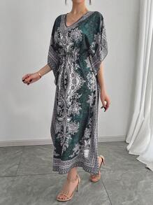 Middle Eastern Style Loose V-Neck Breathable High-End Quality Casual Reversible Elastic Waist Slimming Vacation Short Sleeve Dress, Plus Size Abaya Robe Caftan Arabian Traditional Festival Party Formal Gown