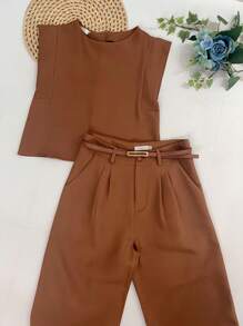 Women's Set: Summer Sleeveless Solid Color Round Neck Top And Wide Leg Pants With Belt And Bag - Bronze - View 1