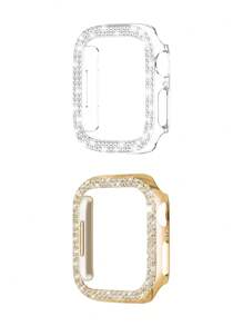 2 pièces/set Étui de montre étincelant avec décoration de strass à la mode et glamour, en plastique ajouré, résistant aux chutes, compatible avec les boîtiers de montre Apple Watch 38/40/41/42/44/45/46/49 mm, pour les séries Ultra/SE/10/9/8/7/6/5/4/3/2/1, accessoires d'étui de montre intelligente or+transparent