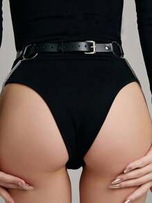 1pc Women's Sexy Lingerie Accessory - Versatile Black PU Leather Waist Cincher Belt - Punk Style With Multi-Layer Tassel Chain Decor - Suitable For Commuting With Dresses And Blouses - Black - View 1