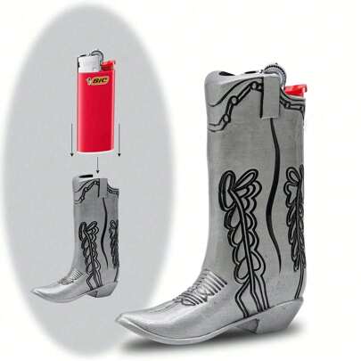 1pc Fashion Silver Cowboy Boot Shaped Lighter Case - Suitable For Mini Bic J5 Lighter, Perfect For Party And Daily Use