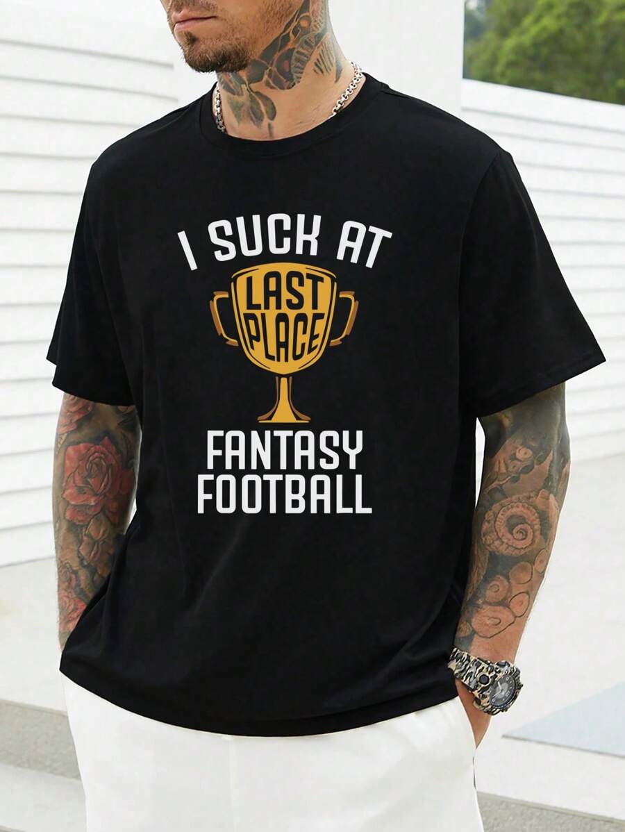 Camiseta informal con estampado de letras divertidas de fútbol y humor negro para hombre, 1 pieza, camiseta informal de algodón puro pesado con cuello redondo de 220 g/m²