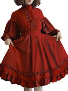 1pc Maid COS Dress, New Design Long Sleeve Loose Button Ruffle Lantern Sleeve Decor Lolita Dress, Suitable For Daily Wear, Knit Fabric Halloween - Multicolor - View 11