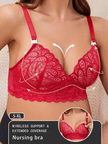 Lace Patchwork Nursing Bras For Women, Wireless Soft & Comfortable Undergarment - Burgundy - View 3