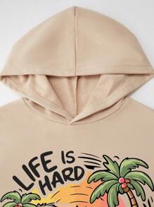 ¡Nuevo para la primavera! Sudadera con estampado de perezoso, cocotero y letras artísticas para niño, sudadera de algodón color albaricoque, sudadera cómoda con hombros caídos, sudadera informal de gran tamaño con curvas, sudadera con cordón versátil para primavera y otoño, ropa informal holgada para salir a la calle, estilo universitario, ropa para niños, drapeada con algodón, suave y transpirable, top de manga larga
