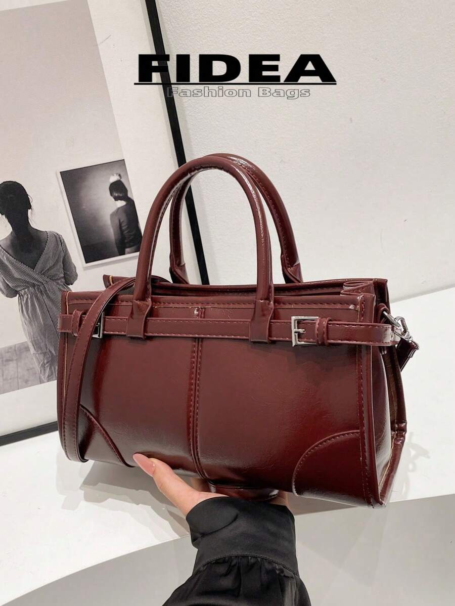 新款时尚手提包，简约优雅斜挎包，PU 皮革百搭复古都市时尚单肩包，适合女性日常通勤和购物 - 酒紅色 - 查看 1