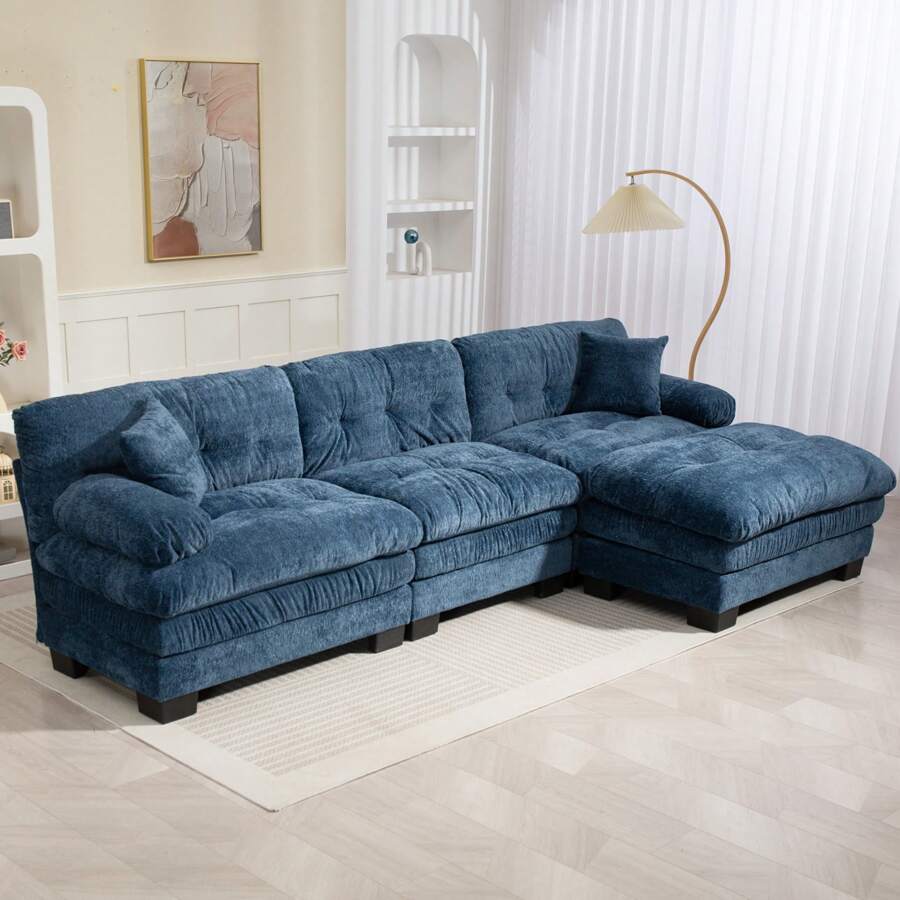 Luxury L-Shaped Modular Sectional Sofa: Deep Seating Reversible 3-Seat Sleeper Couch With Memory Foam And Pocket Springs, Comfortable Upholstered Furniture For Living Rooms, Apartments, Studios & Offices - 藍色 - 查看 1