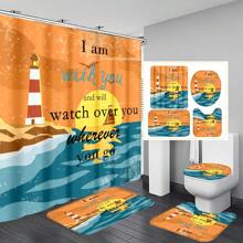 1 pièce/4 pièces Rideau de douche décoratif multifonction imperméable représentant un paysage marin avec phare, mouettes et bateau, avec 12 crochets, tapis de bain antidérapant, abattant de toilette en U, ensemble de salle de bain pour toutes les occasions, rentrée scolaire