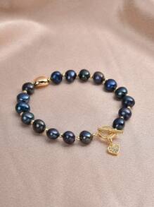 1pc 18K Gold Plated Natural Pearl Heart Bracelet, Ideal Gifts For Mother's Day, Valentine's Day, Birthday, Wedding, Engagement, Bride