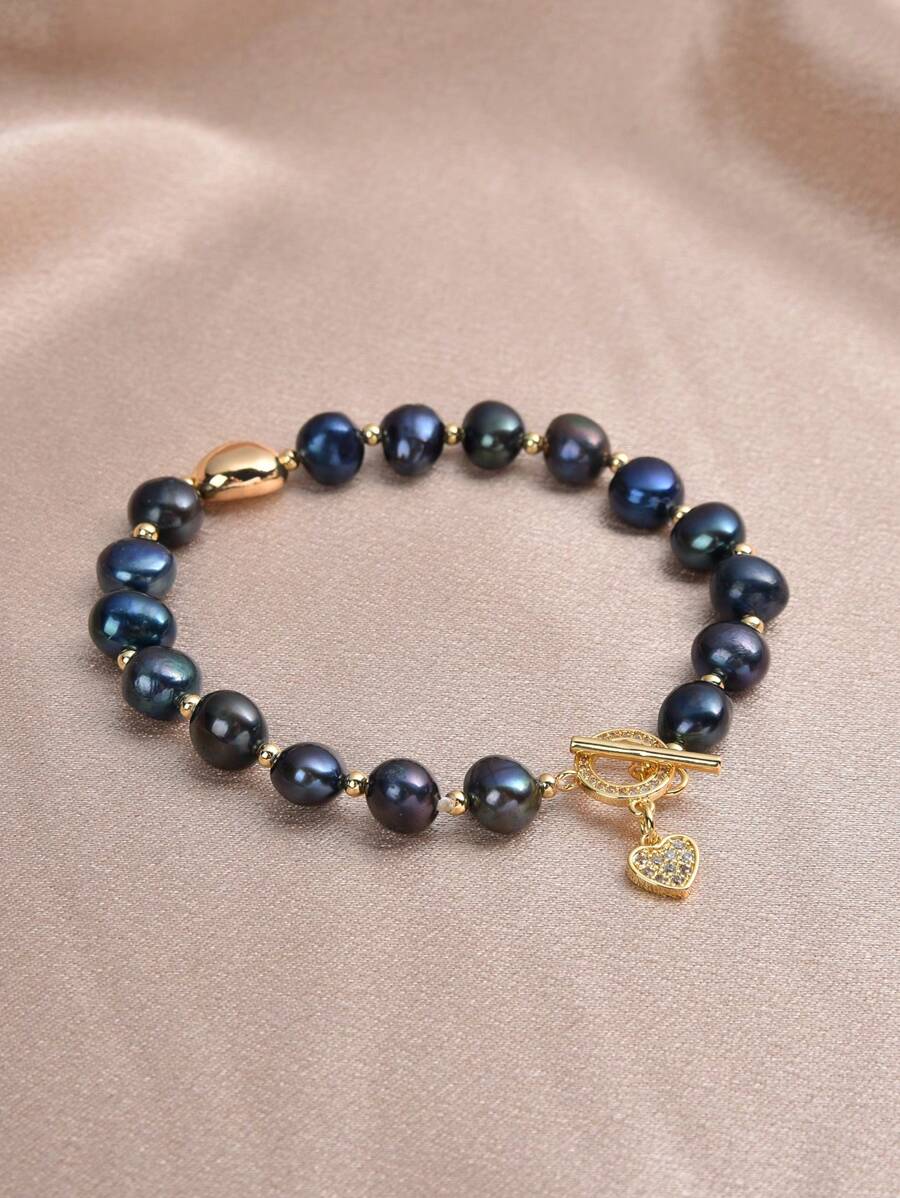 1pc 18K Gold Plated Natural Pearl Heart Bracelet, Ideal Gifts For Mother's Day, Valentine's Day, Birthday, Wedding, Engagement, Bride