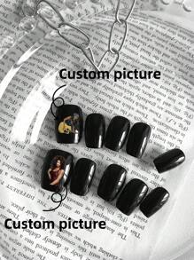 10 piezas de uñas postizas personalizadas, uñas falsas cortas, uñas para el Día de la Madre, uñas para el Día de San Valentín, diseño de nuevo arte DIY con dibujos animados, retratos, animales, patrones familiares, uñas de colores, uñas negras, suministros de uñas desmontables y reutilizables, polvo de uñas, purpurina para uñas, adecuadas para uso de niñas y señoras en escenario, baile, fiesta, boda, escenas festivas