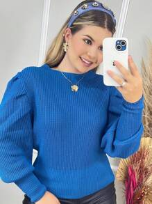 Women's Winter Cold Weather Puff Sleeve Princess Long Pleated Knit Sweater Top - 藍色 - 查看 1