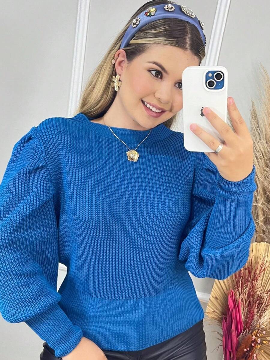Women's Winter Cold Weather Puff Sleeve Princess Long Pleated Knit Sweater Top - 藍色 - 查看 1