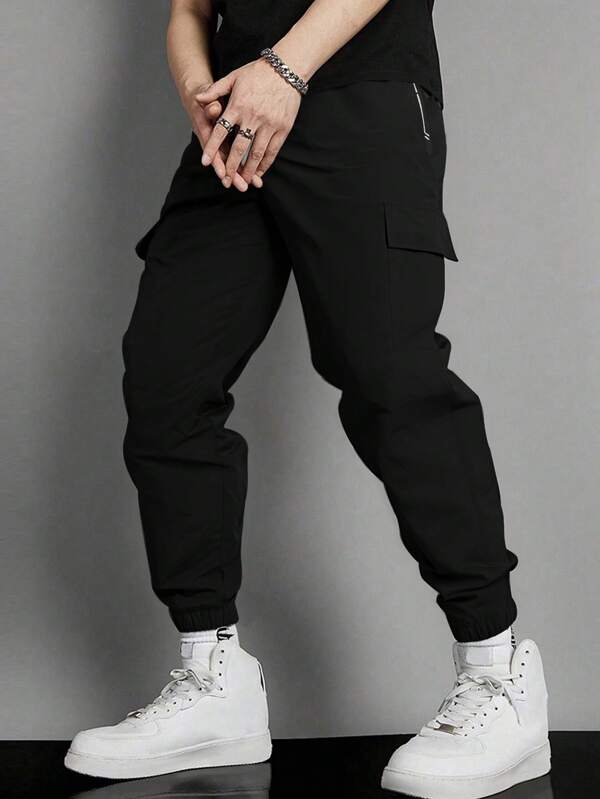 1pc Men's Solid Color Casual Loose Sports Pants, Versatile For Running, Outdoor, Hiking, Jogging, Fitness, Suitable For Summer Beach And Commute, Fashionable Drawstring Cropped Trousers