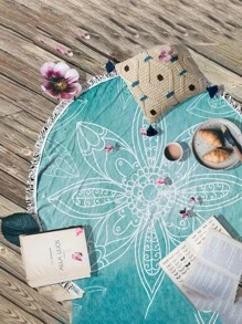 1pc Bohemian Geometric Mandala Print Round Beach Towel, Made Of Polyester Microfiber With Tassels, Multi-Purpose Sun Protection, Picnic Mat, Sofa Cover And Outdoor Decor