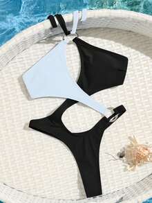 Color Block Hollow Out One-Piece Swimsuit, Sexy Criss-Cross Back Monokini For Women, Summer - Black and White - View 3