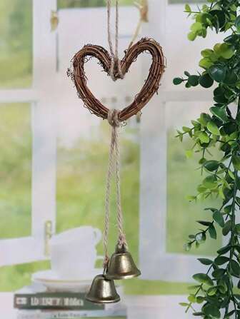 1pc 10.5cm Heart Shaped Vine Witch Style Wind Chime Decor, Indoor Or Outdoor Hanging Accessory, DIY Craft
