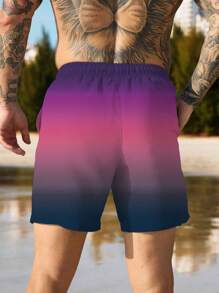 1pc Plus Size Men Gradient Color Swimming Trunks, Beach Shorts, Casual Sports Shorts, Summer Beach Shorts