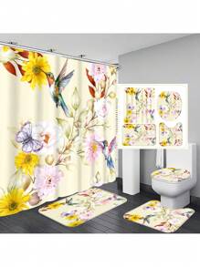 1 Pc/4 Pcs Hummingbird, Butterfly & Floral Pattern Multi-Functional Waterproof Bathroom Shower Curtain With 12 Hooks, Non-Slip Bath Mat, U-Shaped Toilet Mat & Round Toilet Lid Cover, Bathroom Set For Full Scene Use Back To School