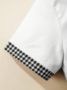 Jonge jongens campus stijl contrasterende kleur wit korte mouwen shirt & zwarte shorts set, geschikt voor school, optredens, toespraken, uitstapjes