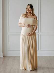 JustVH Maternity Off-Shoulder Party Dress Pleated Hem Women Baby Shower Maxi Gown