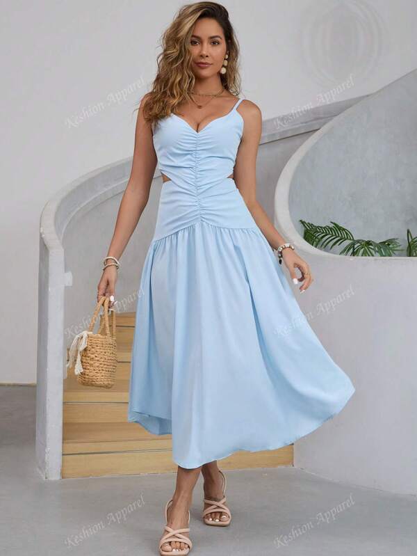 Dames effen elegante vakantie geplooide holle V-hals romantische dunne schouderband lange jurk, zomer dames elegante jurk, Moederdag