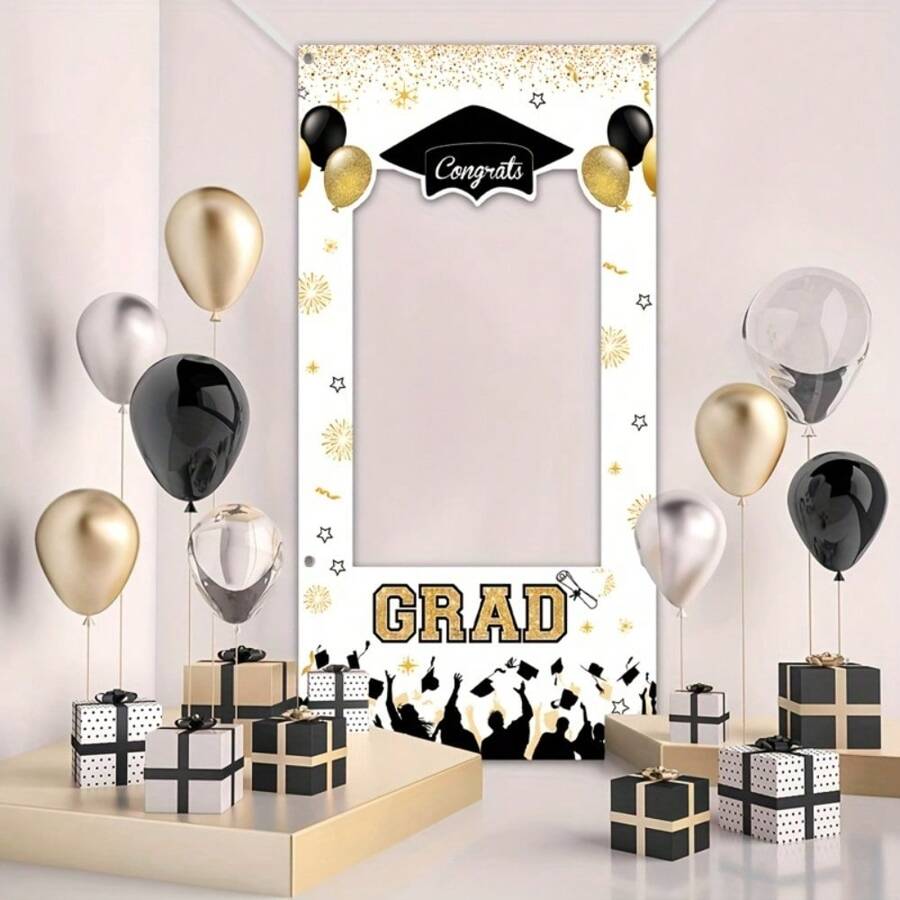 1 pieza Fondo de foto para graduación 2025 blanco y dorado - Diseño elegante con marco "¡Felicitaciones graduado!" que incluye birrete de graduación y decoración con champán, perfecto para fiesta de graduación, cabina de fotos | Fondo de evento | Material de vinilo, decoración de fiesta de graduación - Multicolor - Ver 1