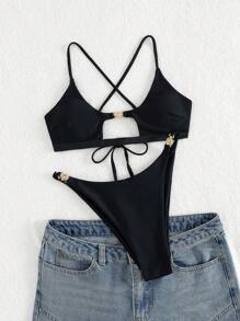 全新时尚性感女式绳索系带金属装饰纯色分体式泳衣套装