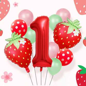 18 st. dekorationer med jordgubbs- och nummerballonger till födelsedagsfest, inkluderar 32 tums röda siffror 0-9, jordgubbsformade ballonger, rosa och gröna prickiga ballonger, lämpliga för jordgubbs- och söta 1-årsdekorationer, födelsedagsfest, bärtemafest, duschfest, jordgubbsfesttillbehör