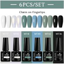 Mtssii Juego de 6 esmaltes de uñas en gel de unicolor de 7 ml, colores primavera-verano, glitter, negro, blanco, rojo, resistente a remojo, UV, semi-permanente, suministros para uñas