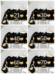 1pc Black Gold 21st & 30th & 40th & 50th & 60th & 70th Birthday Disposable Table Runner, Balloon Star Pattern Happy Birthday PE Table Cover, 21st & 30th & 40th & 50th & 60th & 70th Happy Birthday Party Decoration Table Cloth