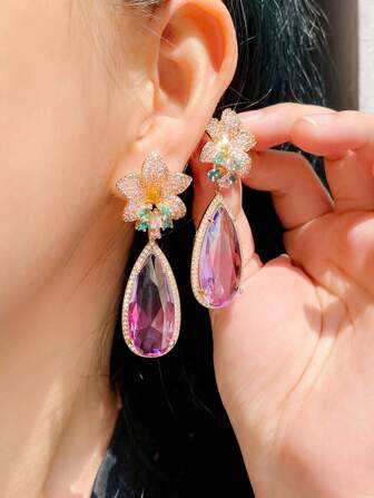 1ペア ビューティフルピンクフラワー キュービックジルコニア レインボー ティアドロップ ジルコニアクリスタル ダングルドロップピアス、ゴールドメッキ ブライダルジュエリー 女性用、結婚式、婚約、パーティー、プロム