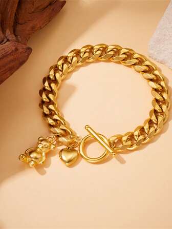 1 件镀金不锈钢粗链熊吊坠手链配龙虾扣