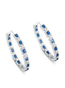 Elegant S925 Sterling Silver Blue Rectangular Cubic Zirconia Decorated Hoop Earrings, Suitable For Women's Daily Wear, Bridal Jewelry, Wedding, Birthday Party, Anniversary Gift - Multicolor - View 6
