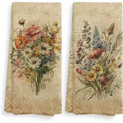 2 paquetes de juego de toallas de secado de baño navideñas de 16 x 24 pulgadas | Toalla de secado con estampado floral vintage y toallas decoradas con ramos para lavar platos, toallas de mano de tela seca con flores silvestres vintage, decoración de otoño, decoración de otoño, decoración de habitación