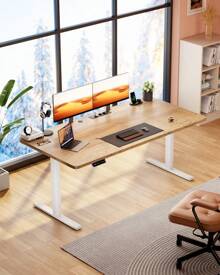 HLFURNIEU Escritorio Elevable Electrico 160 X 80 Cm, Mesa Escritorio Elevable Con Enchufes Y Puertos USB, Mesa Regulable En Altura Con 3 Control De Memoria, Standing Desk - 米楓木白腿 - 查看 2