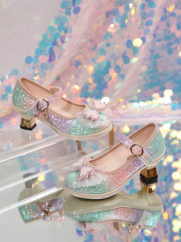 Kids Sparkly Bow High Heel Shoes, Fashion High Heels For Children, All Season