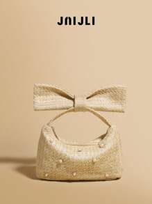 JNIJLI 1 件小众设计自然草编包，时尚精致水钻装饰扣，夏季新款百搭沙滩包，度假编织手提包，蝴蝶结装饰晚装手拿包，适合女士、派对女孩、新娘，非常适合海滩婚礼、派对、晚会、晚宴，是送给女性、母亲、老师、朋友、伴娘的最佳礼物（包括珍珠装饰配件 DIY） - 卡其色 - 查看 1