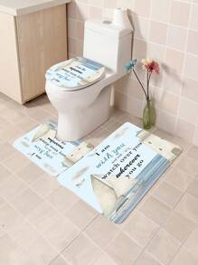1 pièce/4 pièces Rideau de douche décoratif multifonction imperméable représentant un paysage marin avec phare, mouettes et bateau, avec 12 crochets, tapis de bain antidérapant, abattant de toilette en U, ensemble de salle de bain pour toutes les occasions, rentrée scolaire