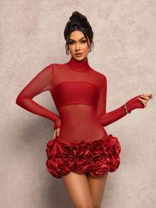Herbst Damenkleidung Hoch Kragen Langarm Transparentes Mesh Einsatz mit 3D Blumen Slim Kleid - Rot - Übersicht 1