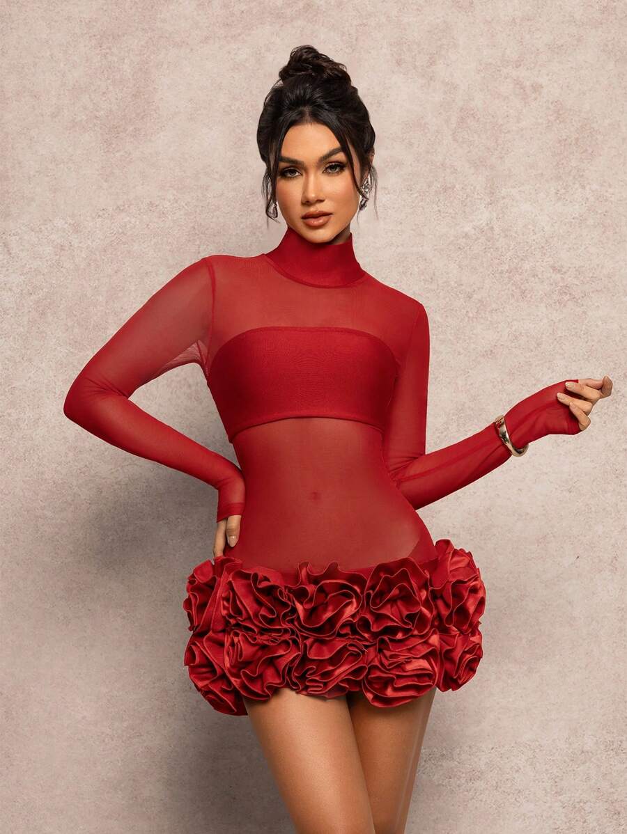 Herbst Damenkleidung Hoch Kragen Langarm Transparentes Mesh Einsatz mit 3D Blumen Slim Kleid - Rot - Übersicht 1