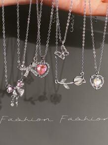 5-8pcs/Set Y2K Fashion Crystal Heart, Butterfly, Tulip, Bow Pendant Necklace Set, Shiny Jewelry Gift For Women, Suitable For Valentine's Day Party