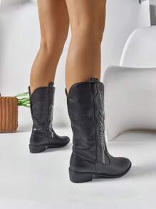 2025秋冬优雅女士时尚刺绣西部靴，高跟刺绣西部靴，时尚刺绣牛仔靴，白色、棕色和黑色一脚蹬中筒平底女靴 - 黑色 - 查看 6