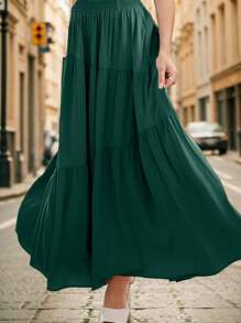 hoteel Chic Boho Style Pleated Design Maxi Skirt With Pockets, Elastic Waist Irregular Layer Hem A-Line Skirt, Woman's Clothes - Green - View 5