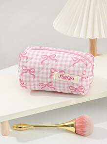 1 Peça Bolsa de Cosméticos Quadriculada Rosa para Mulher, com Zíper e Portátil, Fashionável e Fofa com Grande Capacidade, Acolchoada, Adequada para Armazenamento de Cosméticos, para Presente de Aniversário, para Dia da Mãe, Conjunto de Viagem de Estilo Doce