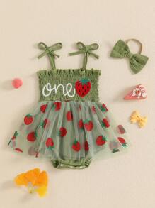 Baby Girl First Birthday Outfit Summer Sleeveless Smocked Fairy Berry One Romper Tulle Dress Baby Girl 1st Birthday Clothes One Year Old Tulle Romper Sleeveless Bodysuit Cake Smash Outfits + Headband - 綠色 - 查看 6